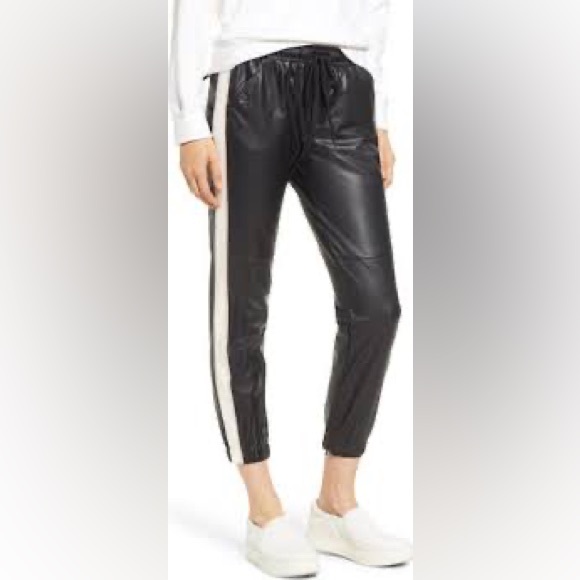 David Lerner Pants - David Lerner Black Vegan Leather Joggers with White and Pink Stripe